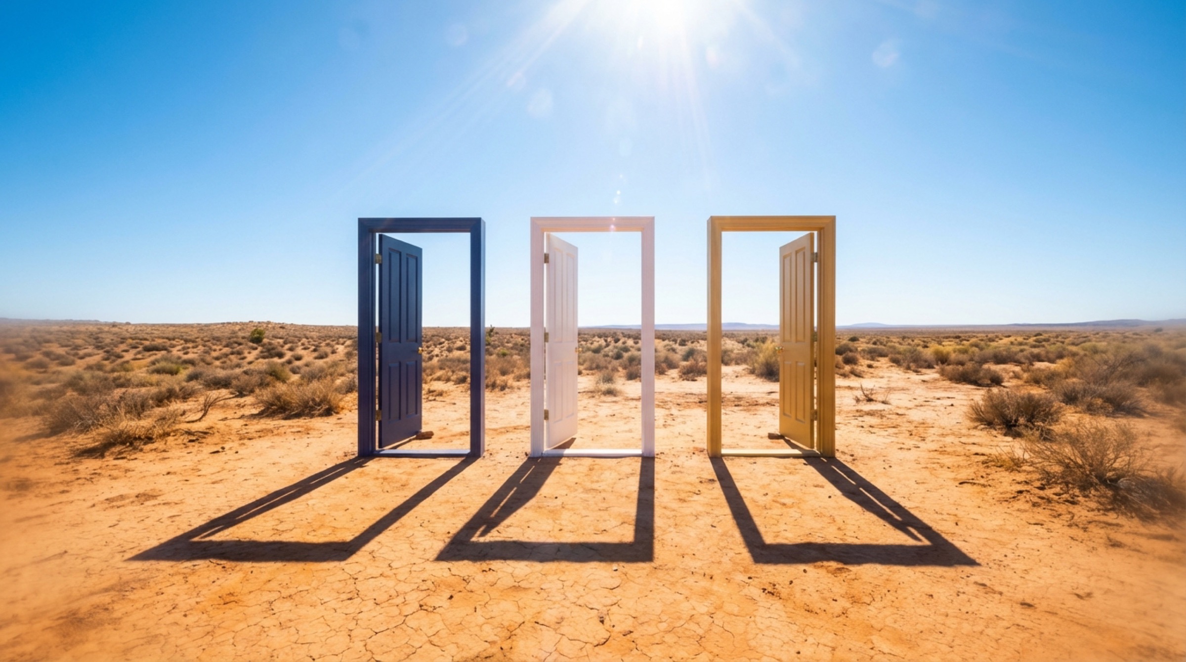Three doors standing open in a desert landscape